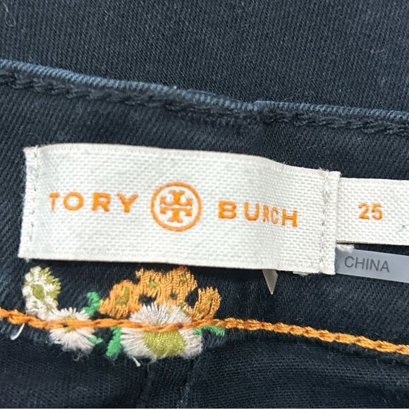 Tory Burch Jeans Womens 25 Brindle Black Floral Embroidered Skinny Ankle Jeans - Picture 11 of 13